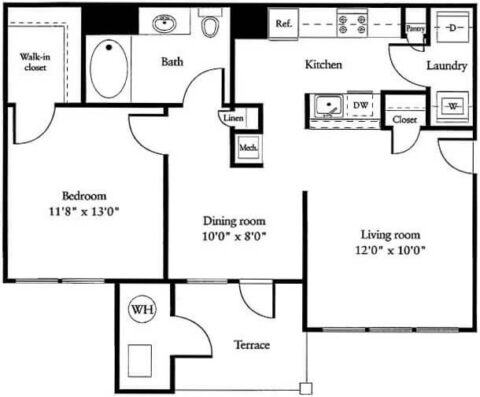 Black and white floor plan of a one-bedroom apartment with labeled rooms: bedroom, bath, kitchen, laundry, dining, living room, closet, and terrace. Includes doors, appliances, and storage spaces.