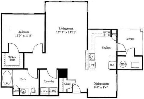 Black and white floor plan of a one-bedroom apartment featuring a bedroom, living room, bathroom, kitchen, dining room, laundry area, walk-in closet, linen closet, pantry, terrace, and water heater.