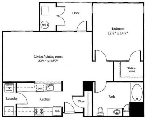 Black and white floor plan of a one-bedroom apartment with kitchen, laundry, living/dining area, bathroom, walk-in closet, linen closet, and deck. All rooms are labeled with measurements.