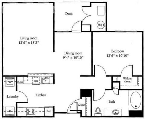 Black and white floor plan with labeled rooms: living room, dining room, bedroom, walk-in closet, bath, kitchen, laundry, pantry, closet, deck, and washer/dryer. Dimensions are included for main rooms.