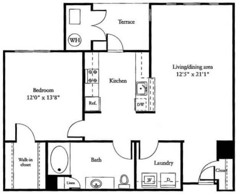 Black and white floor plan of a one-bedroom apartment with kitchen, bathroom, laundry, walk-in closet, terrace, and living/dining area. Dimensions and locations of rooms are labeled.