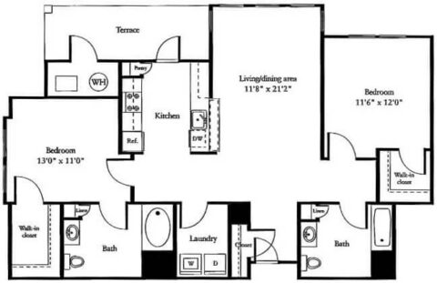Black and white floor plan of a two-bedroom, two-bath apartment, featuring a terrace, kitchen, living/dining area, laundry room, pantry, and walk-in closets in both bedrooms.