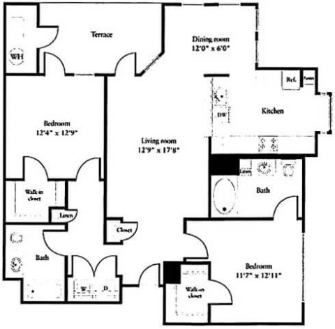 Black and white floor plan showing two bedrooms, two bathrooms, a kitchen, dining room, living room, terrace, closets, linen storage, and a water heater. Room dimensions and layout details are included.