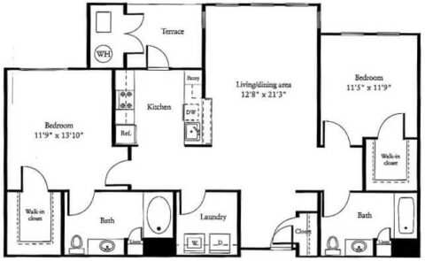 Black and white floor plan of a two-bedroom, two-bath apartment with kitchen, laundry, terrace, pantry, two walk-in closets, and a combined living/dining area. Room sizes are labeled.