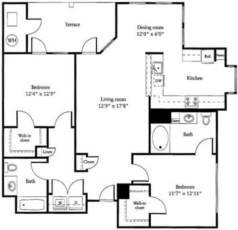 Black and white floor plan of a two-bedroom, two-bath apartment with kitchen, dining room, living room, terrace, walk-in closets, and washer/dryer area.