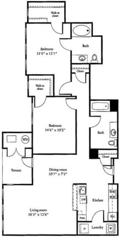 Black and white floor plan of a two-bedroom, two-bath apartment with a kitchen, laundry area, dining room, living room, terrace, and two walk-in closets.