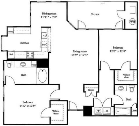 Black and white floor plan of a two-bedroom, two-bath apartment with kitchen, dining room, living room, terrace, and multiple walk-in closets. Labels mark each room and show placements of appliances and fixtures.