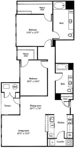 Black and white floor plan showing two bedrooms, two bathrooms, a kitchen, living and dining rooms, laundry area, terrace, and multiple closets. The entrance is near the living room and terrace.