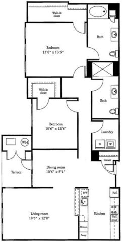 Black and white floor plan with two bedrooms, two bathrooms, kitchen, dining room, living room, terrace, laundry area, and two walk-in closets. Kitchen includes a pantry, microwave, and refrigerator.