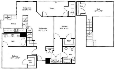 Black and white floor plan showing two bedrooms, three bathrooms, kitchen, dining room, living room, terrace, loft, and multiple closets, including walk-ins, connected by hallways and stairs.