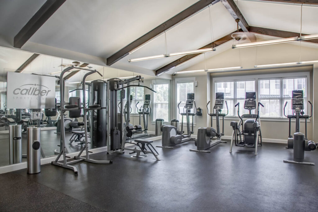 Modern gym with exercise machines, including treadmills, ellipticals, and a multi-functional weight machine, in a bright room with large windows, mirrors, and exposed ceiling beams.