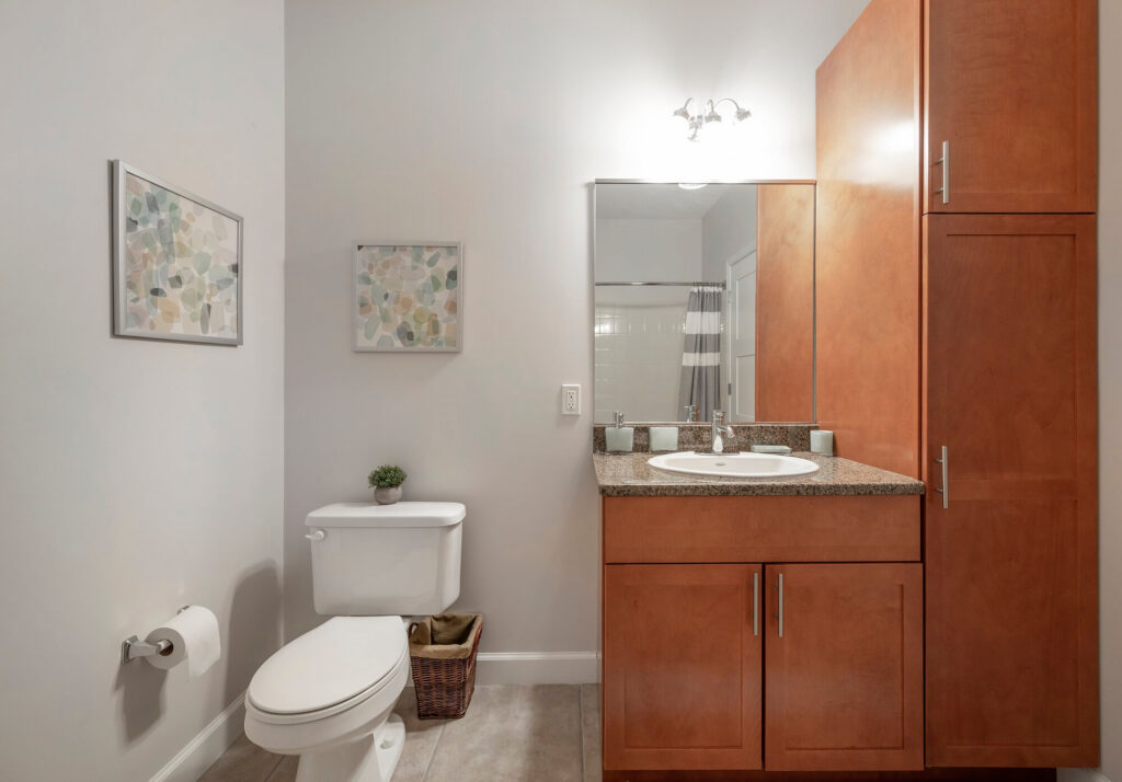 Modern bathroom with wooden cabinets, white toilet, framed art on the wall, small plant, and sink with mirror. Neutral tones and simple decor create a clean, minimalistic look.