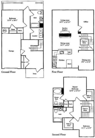 Three-floor house plan with garage, bedroom, laundry, and bath on ground floor; kitchen, dining, two living areas, and office on first floor; two bedrooms, two baths, and closets on second floor.