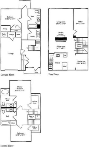 Three-floor house plan showing labeled rooms, including bedrooms, bathrooms, kitchen, dining area, living room, office, laundry, storage, garage, master suite, walk-in closet, and stairs connecting each floor.